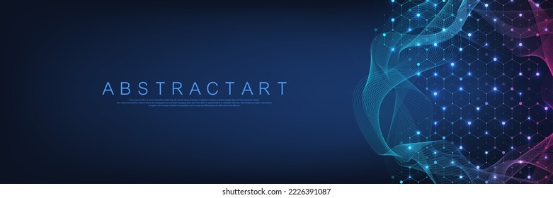 Technology abstract lines and dots connect background with hexagons. Hexagons connection digital data and big data concept. Hex digital data visualization. Vector illustration.