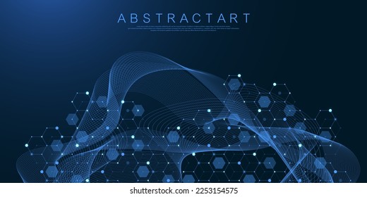 Technology abstract lines and dots connect background with hexagons. Hexagons connection digital data and big data concept. Hex digital data visualization. Vector illustration.