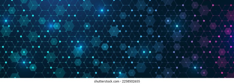 Technology abstract lines and dots connect background with hexagons. Global connection digital data and big data concept. Hex digital data visualization. Vector illustration.