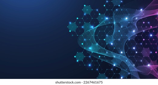 Las líneas y puntos abstractos de tecnología conectan el fondo con hexágonos. Hexagons conecta los datos digitales con el concepto de big data. Visualización de datos digitales hexadecimales. Ilustración vectorial.