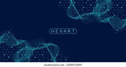 Las líneas y puntos abstractos de tecnología conectan el fondo con hexágonos. Hexagons conecta los datos digitales con el concepto de big data. Visualización de datos digitales hexadecimales. Ilustración vectorial.