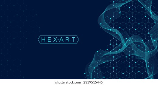 Technology abstract lines and dots connect background with hexagons. Hexagons connection digital data and big data concept. Hex digital data visualization. Vector illustration