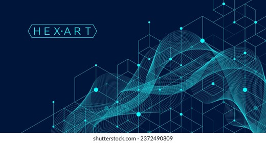 Technology abstract lines and dots connect background with hexagons. Hexagons connection digital data and big data concept. Hex digital data visualization. Vector illustration.