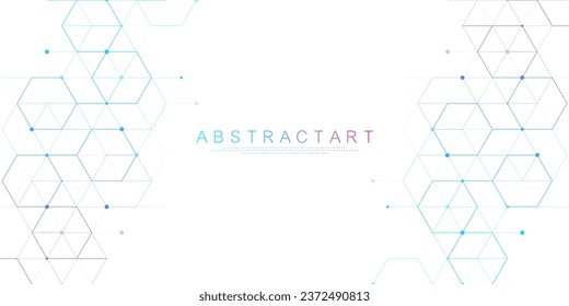 Technology abstract lines and dots connect background with hexagons. Hexagons connection digital data and big data concept. Hex digital data visualization. Vector illustration.
