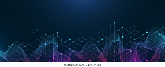 Technology abstract lines and dots connect background with hexagons. Hexagons connection digital data and big data concept. Hex digital data visualization. Vector illustration.