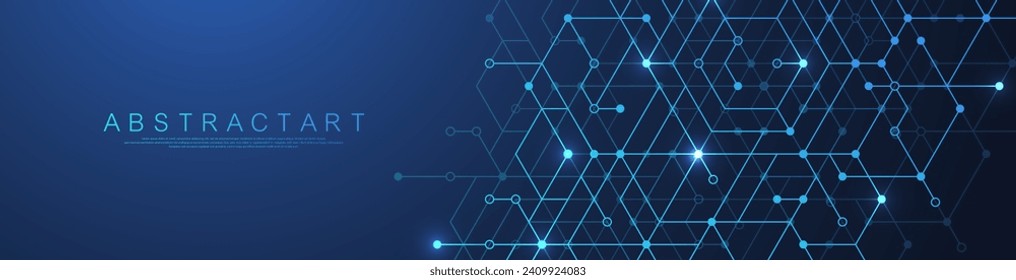 Technology abstract lines and dots connect background with hexagons. Hexagons connection digital data and big data concept. Hex digital data visualization. Vector illustration.