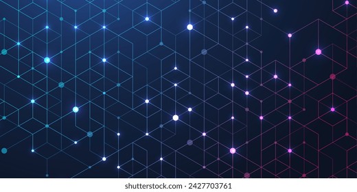 Technology abstract lines and dots connect background with hexagons. Hexagons connection digital data and big data concept. Hex digital data visualization. Vector illustration.