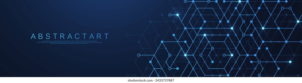 Technology abstract lines and dots connect background with hexagons. Hexagons connection digital data and big data concept. Hex digital data visualization. Vector illustration.