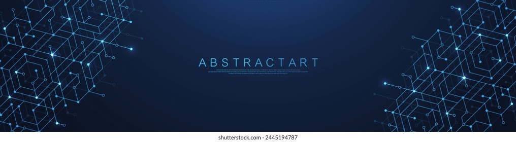 Technology abstract lines and dots connect background with hexagons. Hexagons connection digital data and big data concept. Hex digital data visualization. Vector illustration.