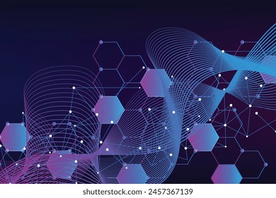Technology abstract lines and dots connect background with hexagons. Hexagons connection digital data and big data concept. Hex digital data visualization. Vector illustration