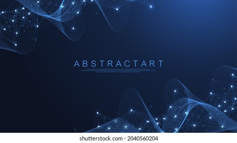 Technology abstract lines and dots connection background. Connection digital data and big data concept. Digital data visualization. Waves flow. Quantum explosion technology. Vector illustration