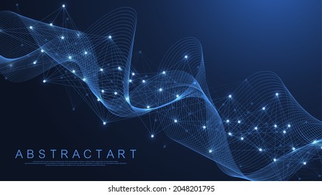 Technology abstract lines and dots connection background. Connection digital data and big data concept. Digital data visualization. Waves flow. Quantum explosion technology. Vector illustration.