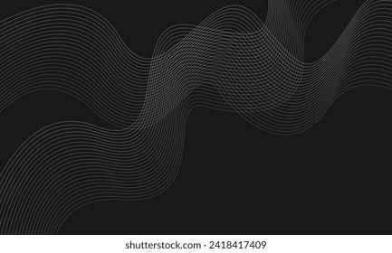 Technology abstract lines on black background. Grey wave swirl, frequency sound wave, twisted curve lines with blend effect.