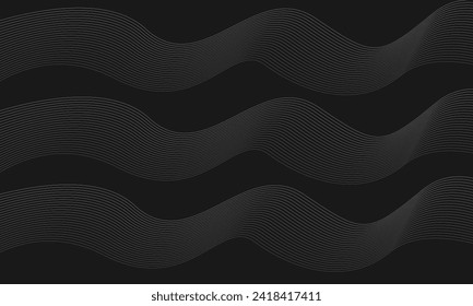 Tecnología líneas abstractas sobre fondo negro. Giro de ondas grises, onda de sonido de frecuencia, líneas de curva retorcidas con efecto de mezcla.