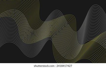 Technology abstract lines on black background. Grey wave swirl, frequency sound wave, twisted curve lines with blend effect.