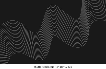 Technology abstract lines on black background. Grey wave swirl, frequency sound wave, twisted curve lines with blend effect.