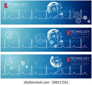 Technology Abstract with Man Running with Heartbeat Waveform Banner 