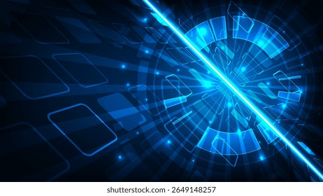 Representação abstrata da tecnologia redes de computadores e circuito de círculo de linha em perspectiva quadrada ver fundo azul