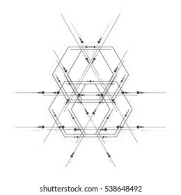 Technology abstract sacred form template with connecting lines and dots. Connection structure, vector illustration