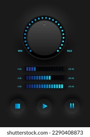 Technology abstract sound control knob circular LED level indicator with blue letters Bar graph with gradient lights The bottom keypad has an icon in the middle of a black gradient background.