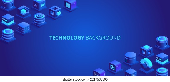 Technology abstract vector background. Blockchain isometric concept banner. Large data processing, database concept. Modern concept of digital technology in the shape of block chain net