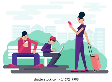 Technology addicted people browsing digital devices while spending time in city park vector illustration.