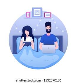 Technology addiction flat vector illustration. Man and woman lying in bed and working design element. Couple obsessed with gadgets, relationship problem. Modern communication technology
