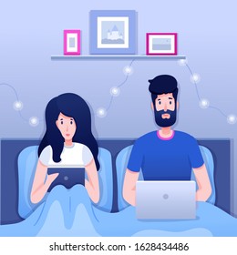 Technology addiction flat vector illustration. Man and woman lying in bed and working design element. Couple obsessed with gadgets, relationship problem. Modern communication technology
