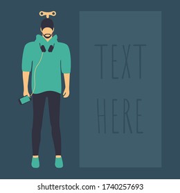 Technology Addiction & Gadget illustration. Robot male controlled by social media on background. slave people puppet. addicted man with smartphone & wind up key vector & text. creative person cartoon