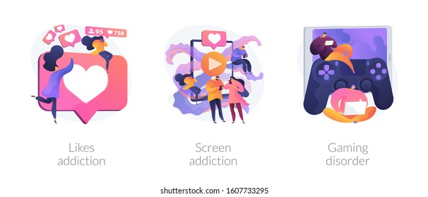 Technology addiction, lack of live communication, psychological problems. Likes addiction, screen addiction, gaming disorder metaphors. Vector isolated concept metaphor illustrations.