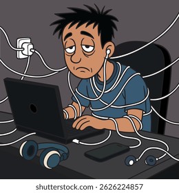 Technology addiction, tired man with wires, computer addiction, screen addiction, digital stress, headphone overload, computer user burnout, plugged into computer life, tech fatigue cartoon