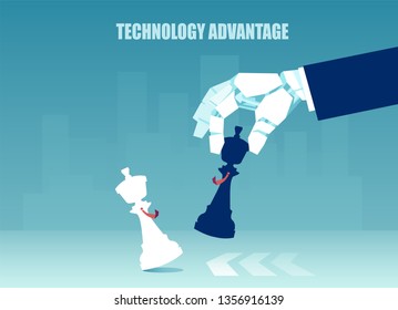 Technology advantage concept. Vector of a robot hand playing winning a chess game 