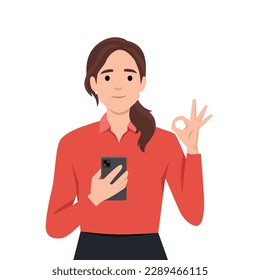 Technology, advertisement, communication, presentation concept. Young happy woman girl character shows smartphone with ok sign and winking. Promotion of innovative technological devices demonstration.