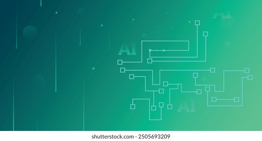 Tecnología AI Anuncio de circuitos. Fondo abstracto digital de la tecnología, big data, placa base futurista azul, líneas cibernéticas verdes. Concepto de innovación. Nano Ilustración vectorial.