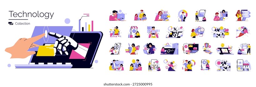 Ilustração da interação da tecnologia e da inteligência artificial descrevendo mãos humanas e robóticas que alcançam uma interface digital. Inclui vários ícones destacando a inovação tecnológica e a interação.