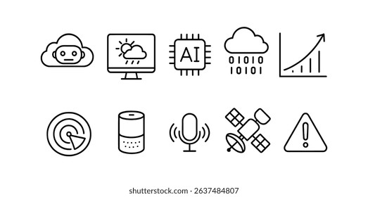 Technology, ai line icon set. digital, cloud, and communication outline icons