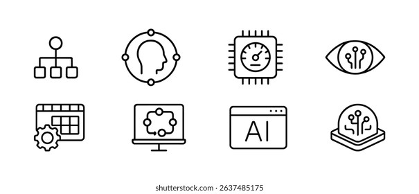 Technology and ai line icon set. digital innovation, machine learning, robotics