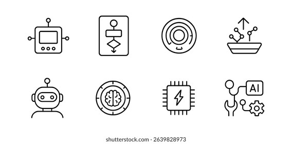 Technology and ai line icon set. robotics, machine learning icons line collection