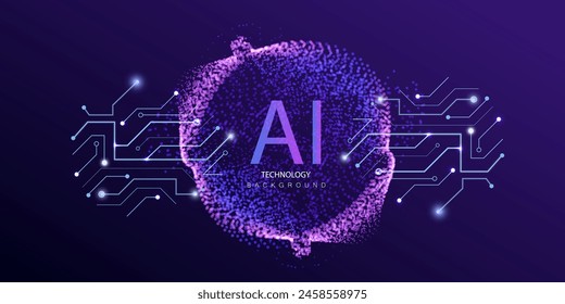 Technology ai particles banner. Dots big data neon background with circuit board. Artificial Intelligence futuristic circles connect design.	