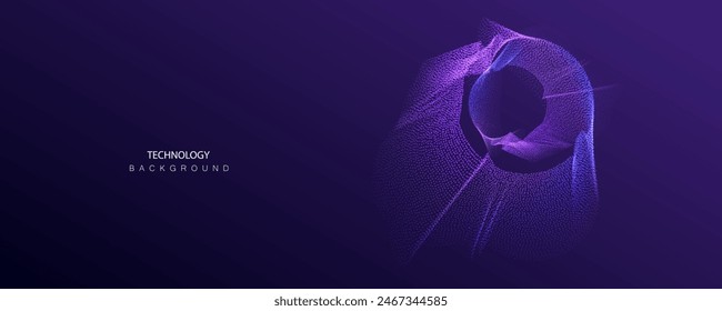 Anuncio de partículas de aire de Tecnología. Fondo de neón de grandes datos del cosmos de puntos. Los círculos futuristas de Inteligencia Artificial conectan el diseño.