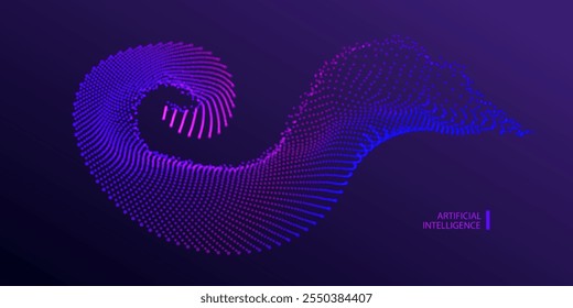 Technology ai particles banner. Dots big data neon background. Artificial Intelligence futuristic splash swirl connect vector design.