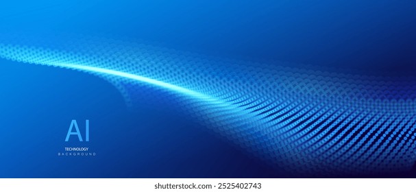 Tecnologia ai partículas bandeira azul. Pontos de explosão onda de dados grande néon azul fundo. Design de conexão com splash futurista de inteligência artificial.