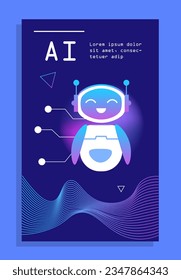 Concepto de afiche de IA tecnológica. Inteligencia artificial y aprendizaje automático. Tecnologías e innovaciones modernas. Cubierta o volante futurista. Dibujo vectorial plano de dibujos animados aislado en fondo azul