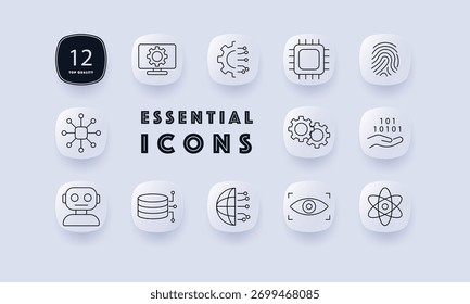 Icono de conjunto de Tecnología e IA. Engranaje, chip, huella digital, binario, bot, base de datos, circuito, escaneo ocular, átomo, global, automatización, símbolos de aprendizaje automático mostrados en formato mínimo.