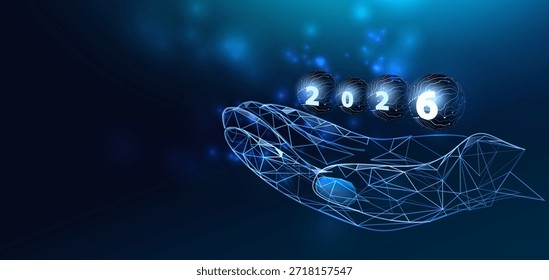 Technology AI year of 2026. New Year of 2026 with artificial hand and glowing circuit ball. Vector 20 26 background.	