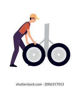 Technology of aircraft maintenance and repair. Engineer mechanic checks the landing gear of the airplane. Flat cartoon vector illustration isolated on a white background.