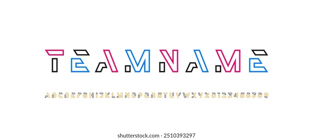 Technologie-Alphabet, Schriftart, zukünftiger Design-Outline-Stil, trendige Buchstaben A, B, C, D, E, F, G, H, I, J, K, L, M, N, O, P, Q, R, S, T, U, V, W, X, Y, Z und Ziffern 0, 1, 2, 3, 4, 5, 6, 7, 8, 9