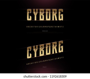 Technology alphabet gold metallic and effect designs. Exclusive Golden Letters Typography regular and italic font digital and sport concept