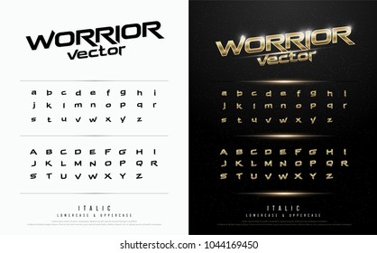 Technology Alphabet Golden Metallic And Effect Designs For Logo, Poster, Invitation. Exclusive Gold Letters Typography Italic Font Digital And Sport Concept. Vector Illustration