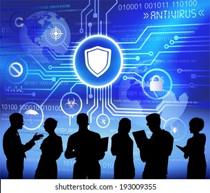 Technology and anti-virus themed background with silhouettes of business people.